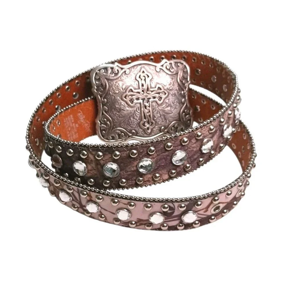 Blazin Roxx RHINESTONE Western Mossy Oak Pink Camo Bling Belt & Cross Buckle Med